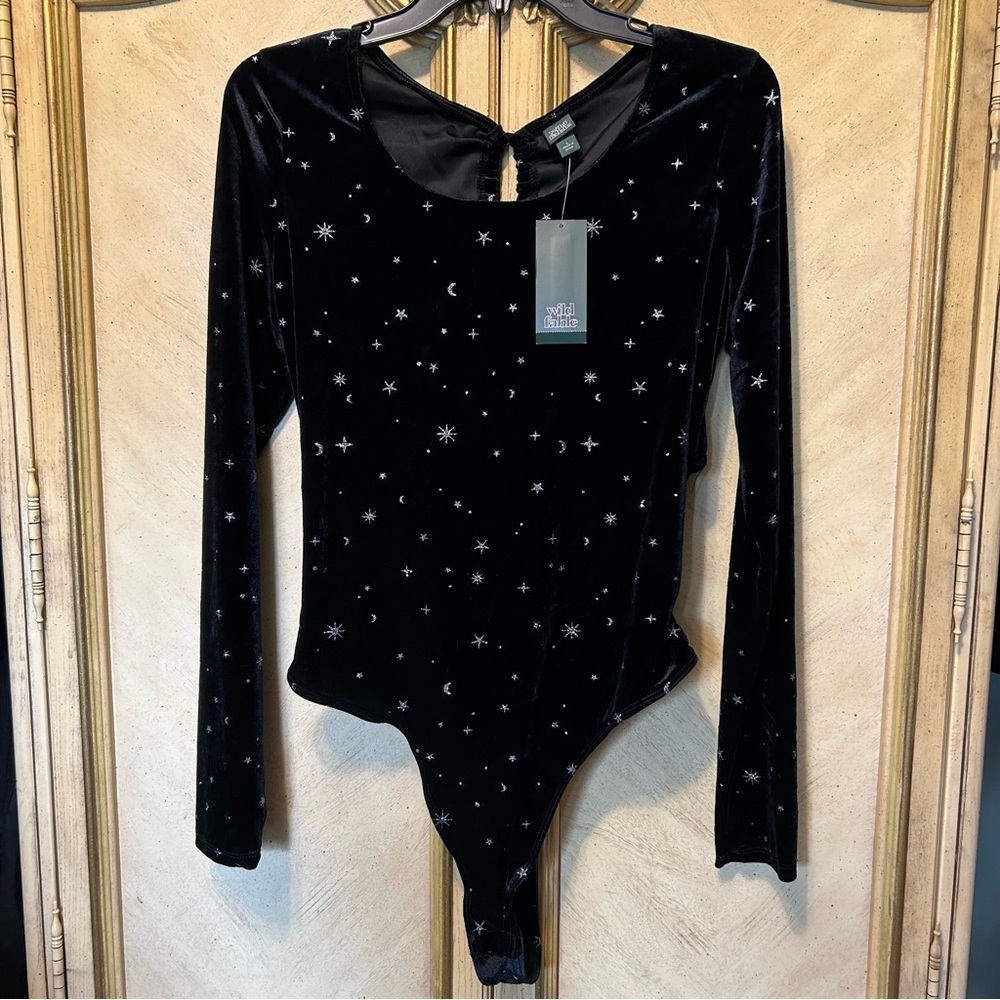 Wild Fable Black Velvet Silver Stars Moon Galaxy Cosmic Back Tie Bodysuit NWT